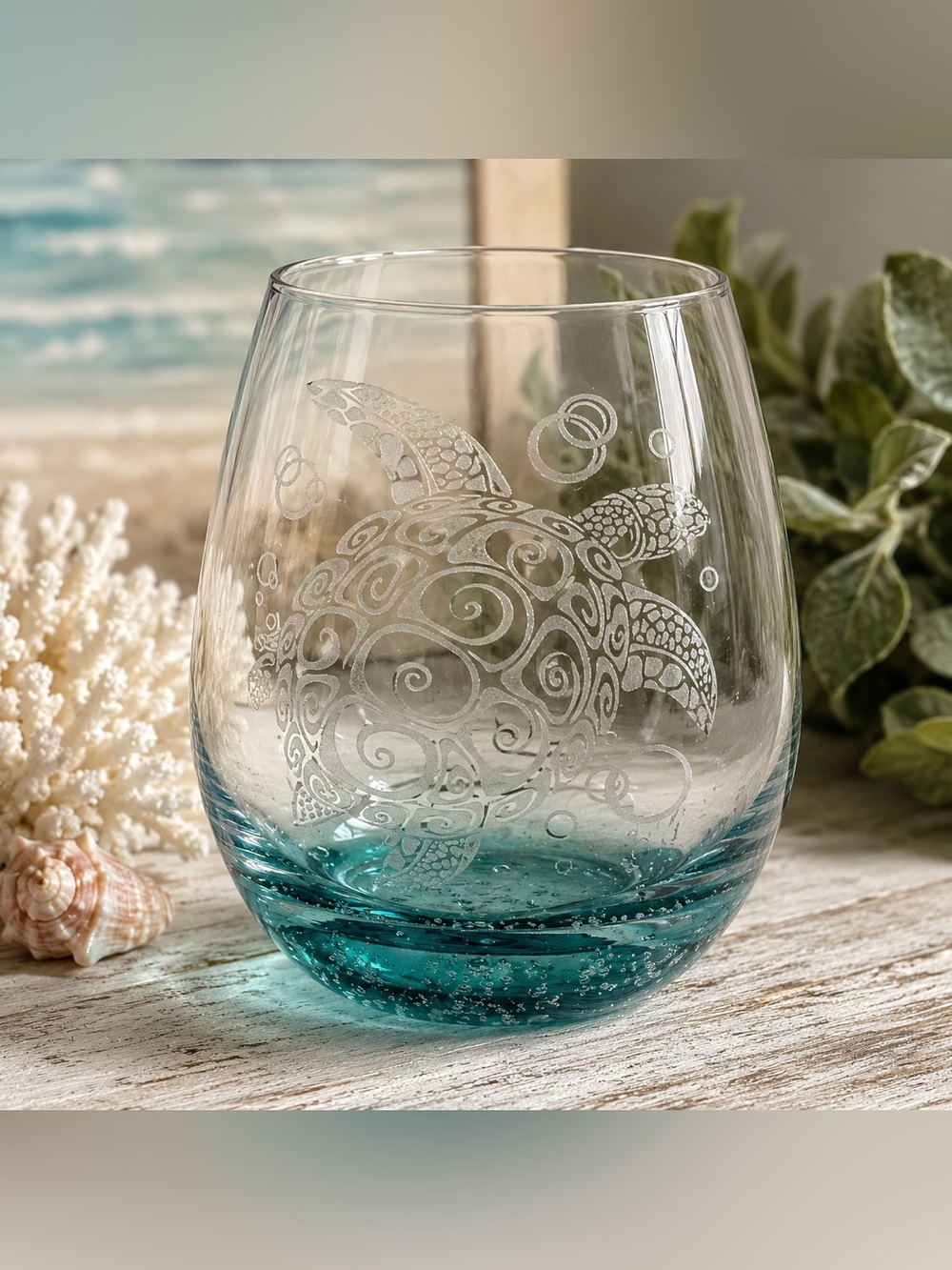 Stemless Sea Turtle Etched Wine Glass Aqua Bubble Base Coastal Beach Decor